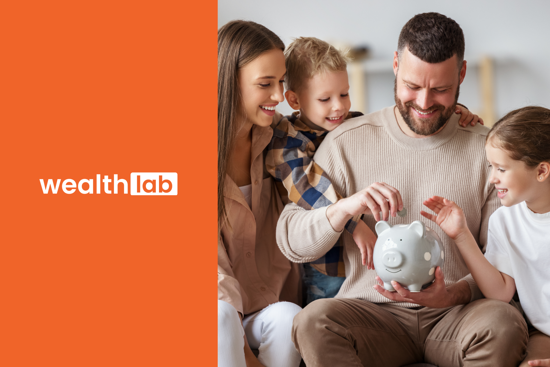 A family saving money together with a piggy bank, representing Wealthlab's approach to family wealth building and the goal of becoming a millionaire.